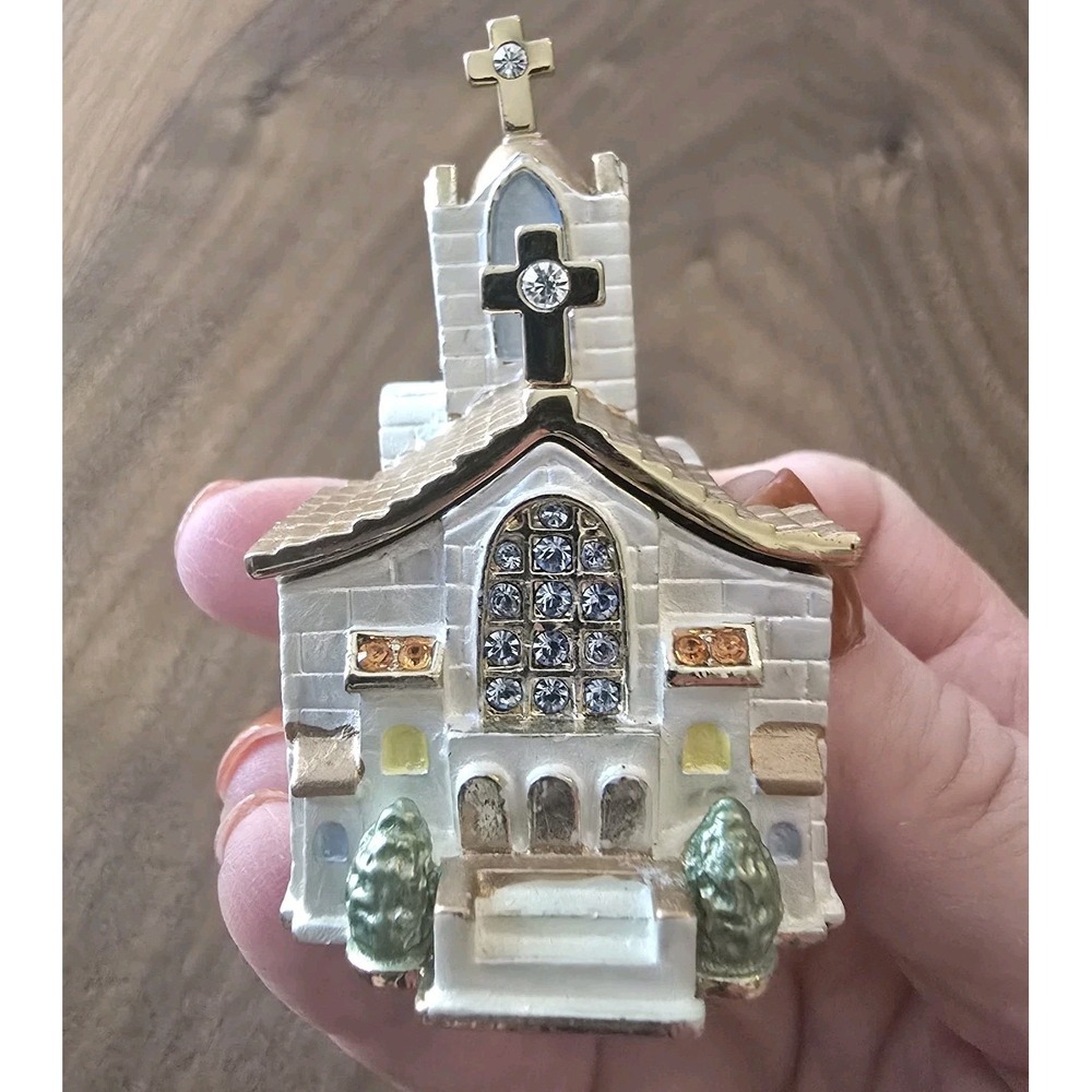 Church Enamel Trinket Box Jeweled Hinged‎ Rhinestones Magnetic Closure